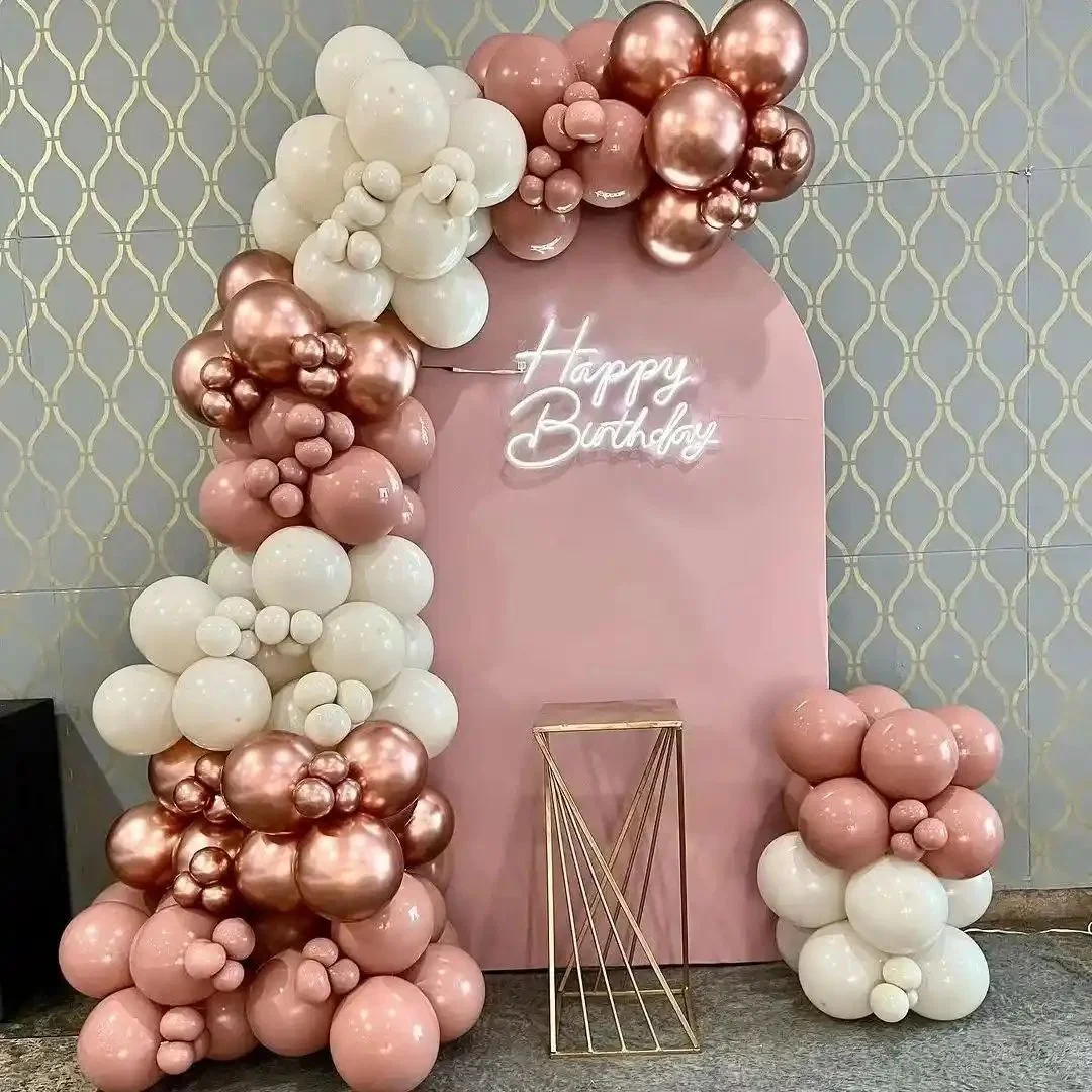 Pink Panel Backdrop + Rose-Gold/White Balloon Clusters + Neon